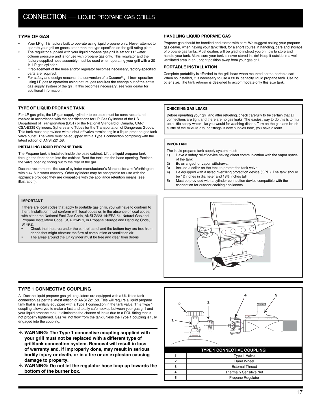 Ducane 3400 owner manual Type of GAS, Type 1 Connective Coupling, Handling Liquid Propane GAS, Portable Installation 