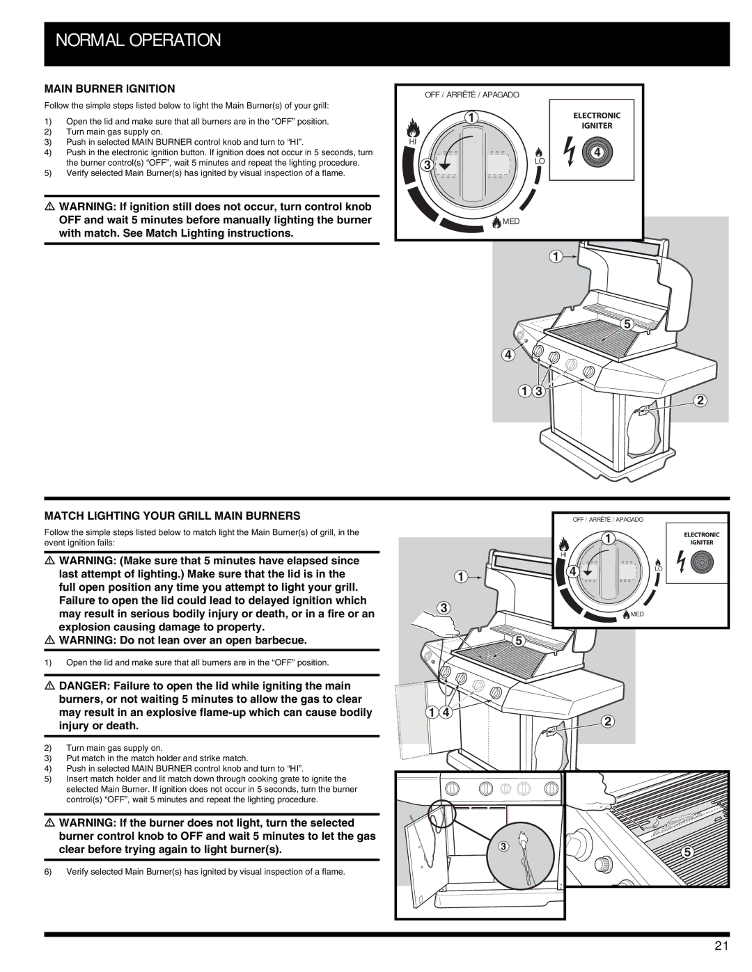 Ducane 3400 owner manual Main Burner Ignition, Match Lighting Your Grill Main Burners 