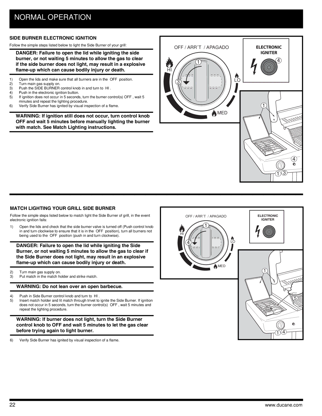 Ducane 3400 owner manual Side Burner Electronic Ignition, Match Lighting Your Grill Side Burner 