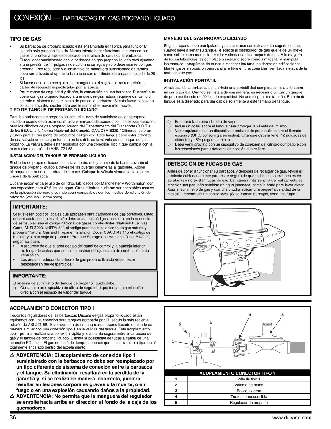 Ducane 3400 owner manual Tipo DE GAS, Detección DE Fugas DE GAS, Acoplamiento Conector Tipo 