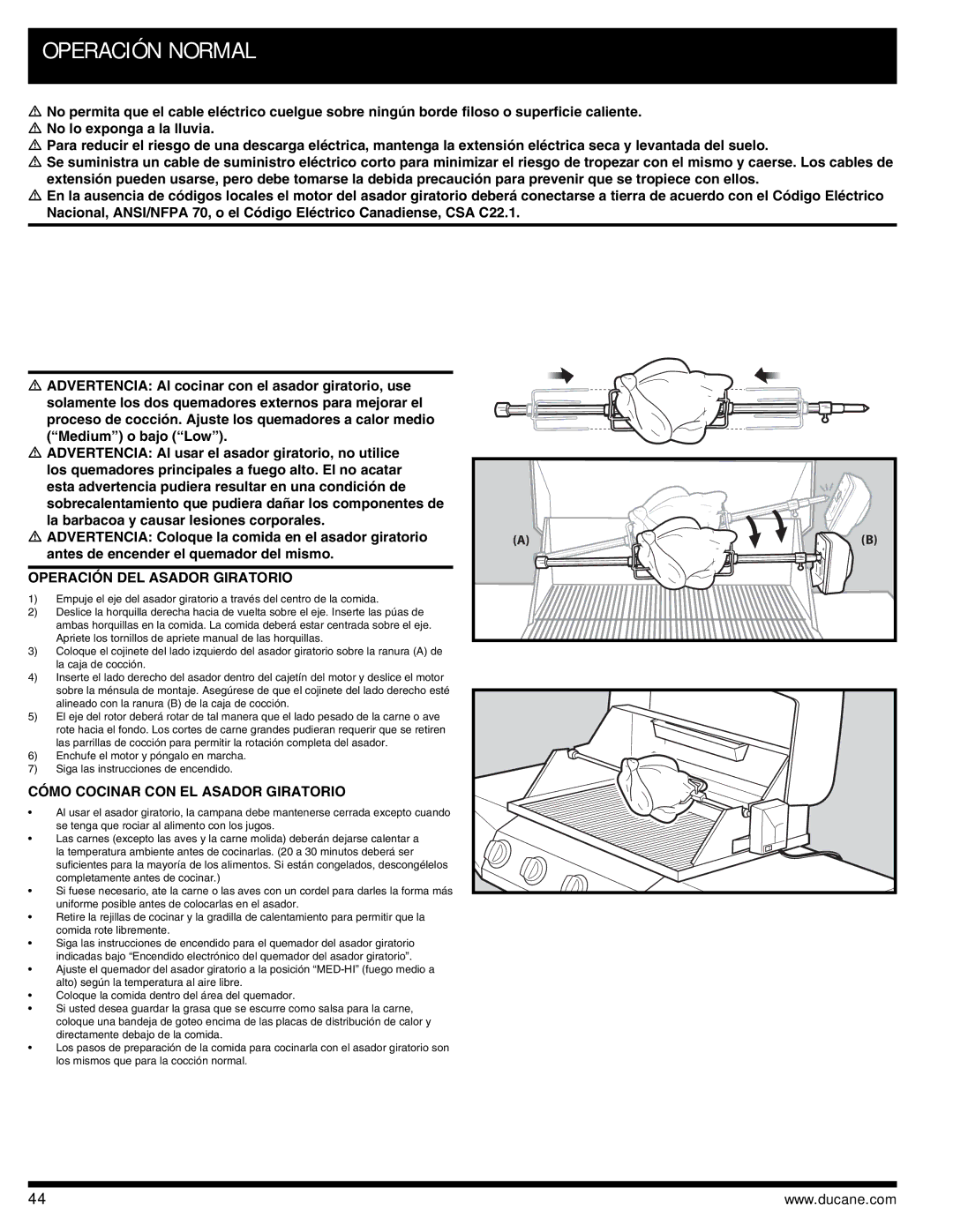 Ducane 3400 owner manual Operación DEL Asador Giratorio, Cómo Cocinar CON EL Asador Giratorio 