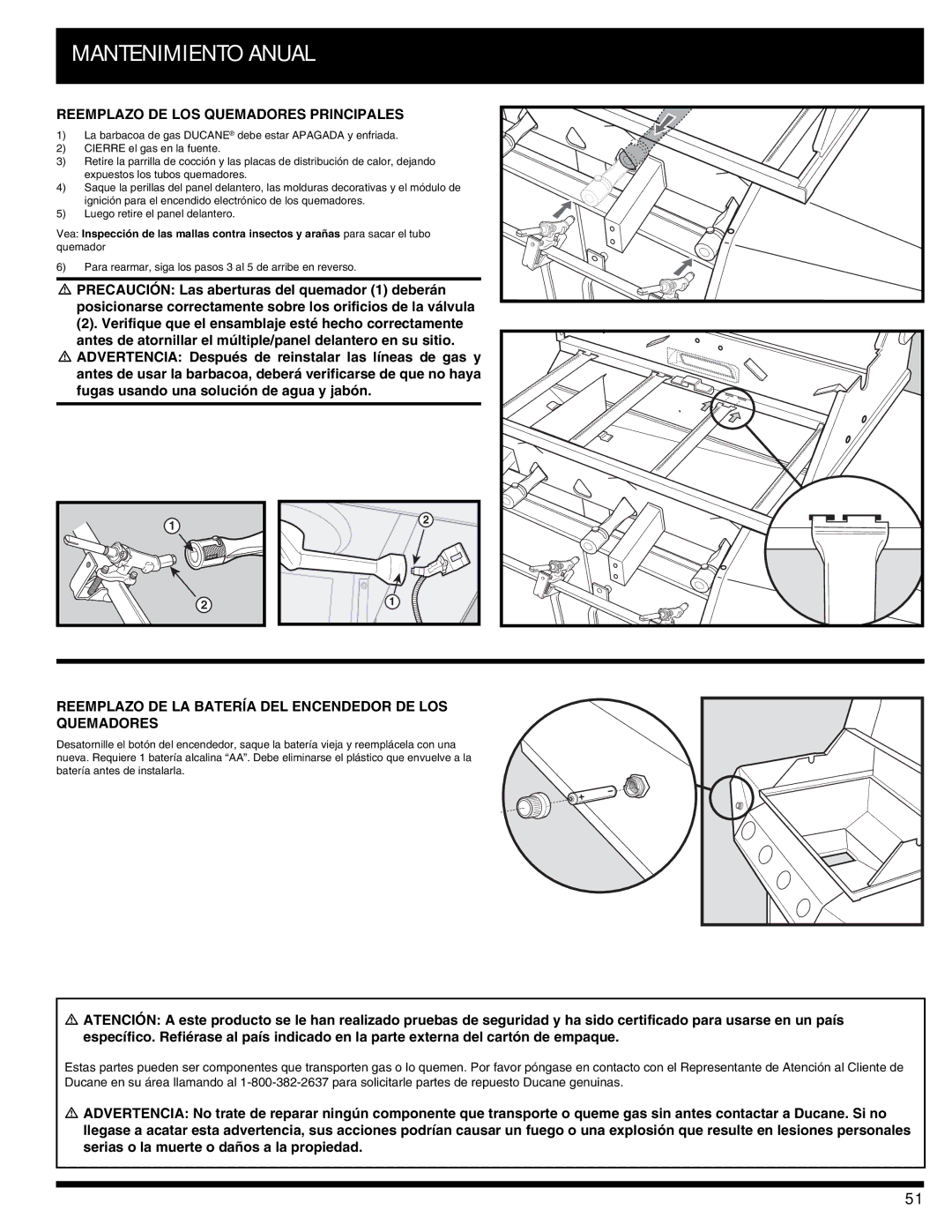 Ducane 3400 owner manual Reemplazo DE LOS Quemadores Principales, Reemplazo DE LA Batería DEL Encendedor DE LOS Quemadores 