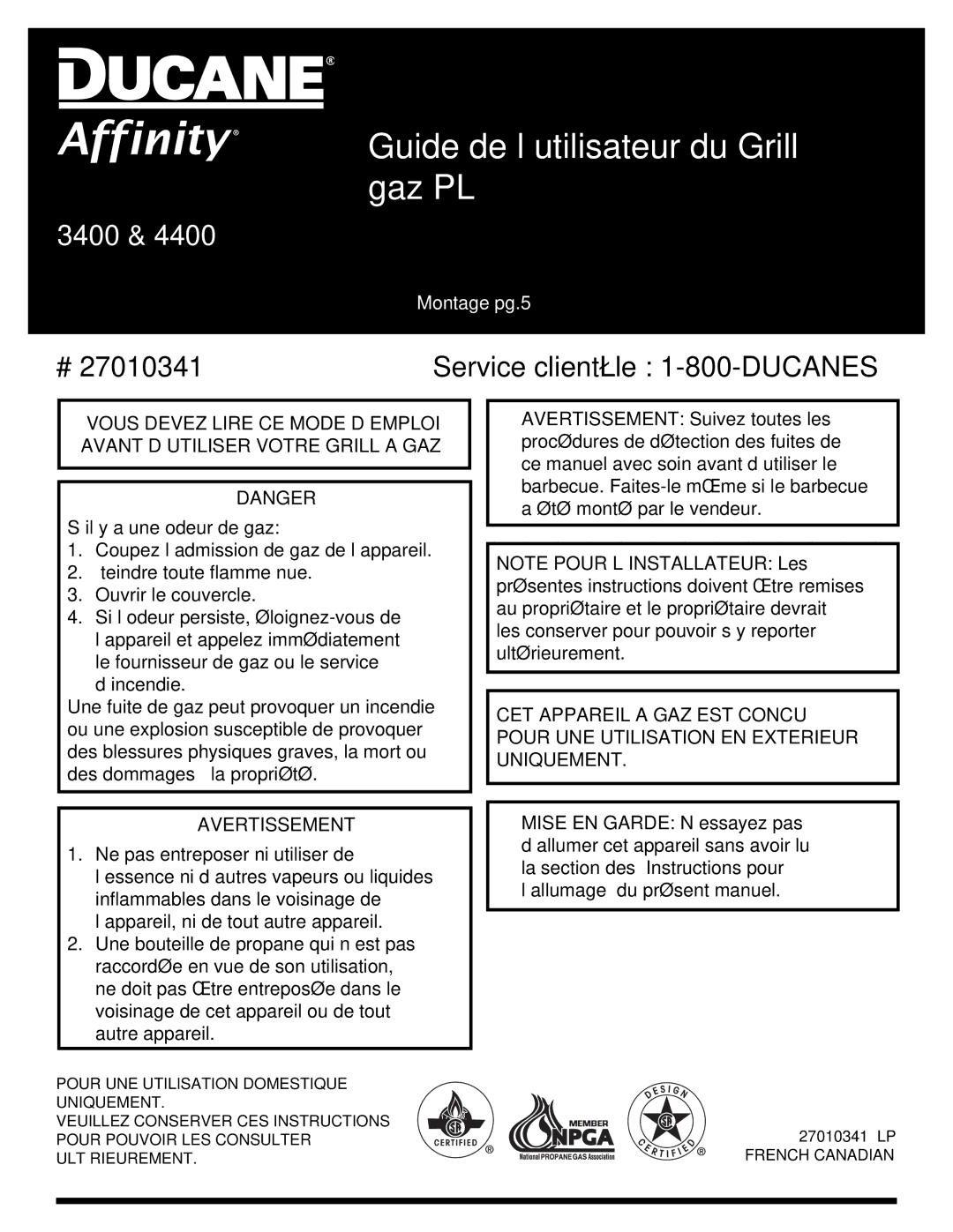 Ducane 3400 owner manual Guide de l’utilisateur du Grill à gaz PL 