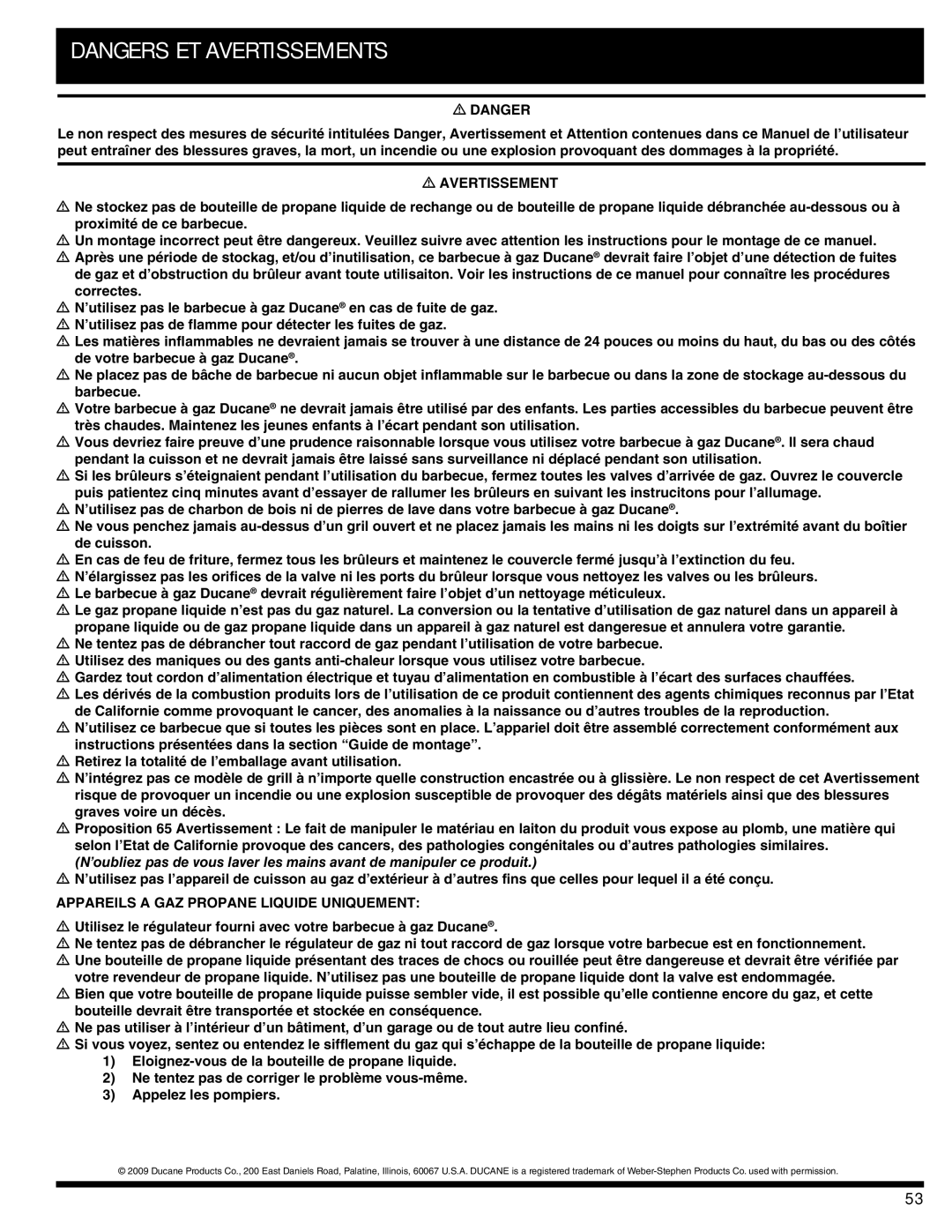 Ducane 3400 owner manual Avertissement, Appareils a GAZ Propane Liquide Uniquement 