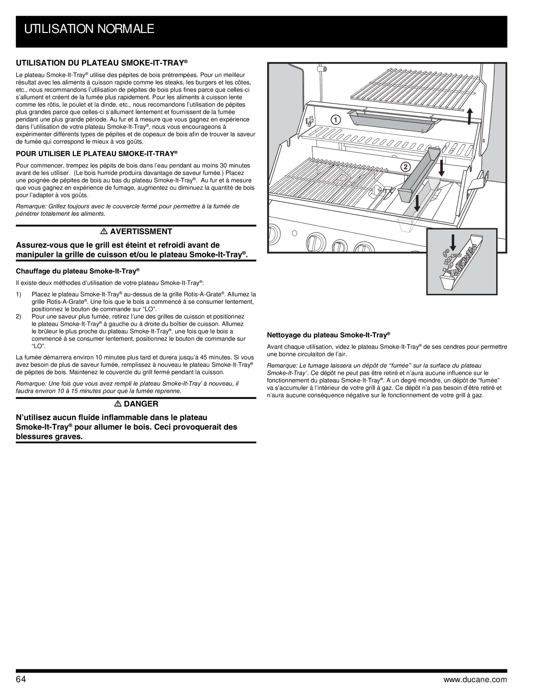 Ducane 3400 owner manual Utilisation DU Plateau SMOKE-IT-TRAY, Avertissment, Pour Utiliser LE Plateau SMOKE-IT-TRAY 