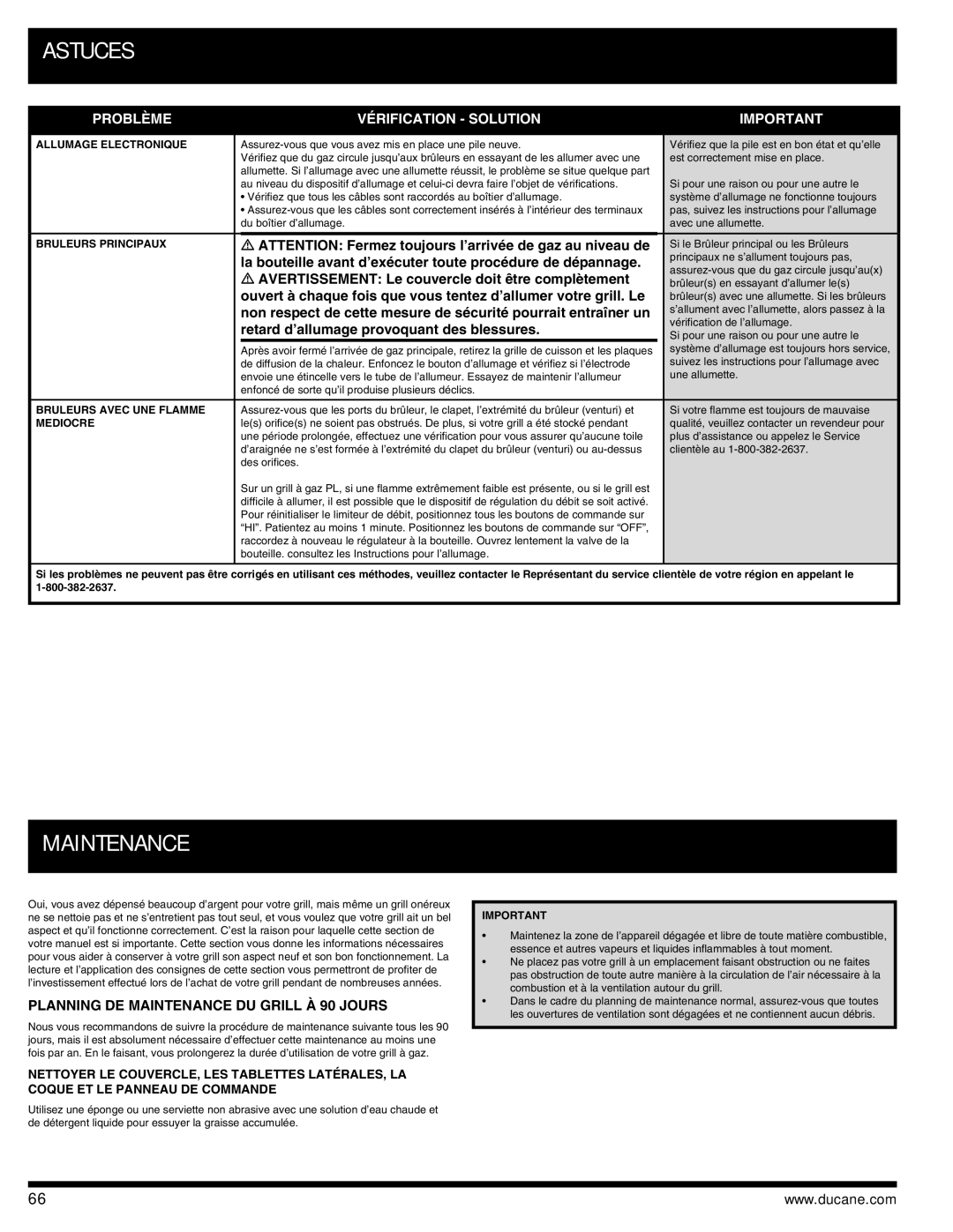 Ducane 3400 owner manual Problème Vérification Solution, Planning DE Maintenance DU Grill À 90 Jours 