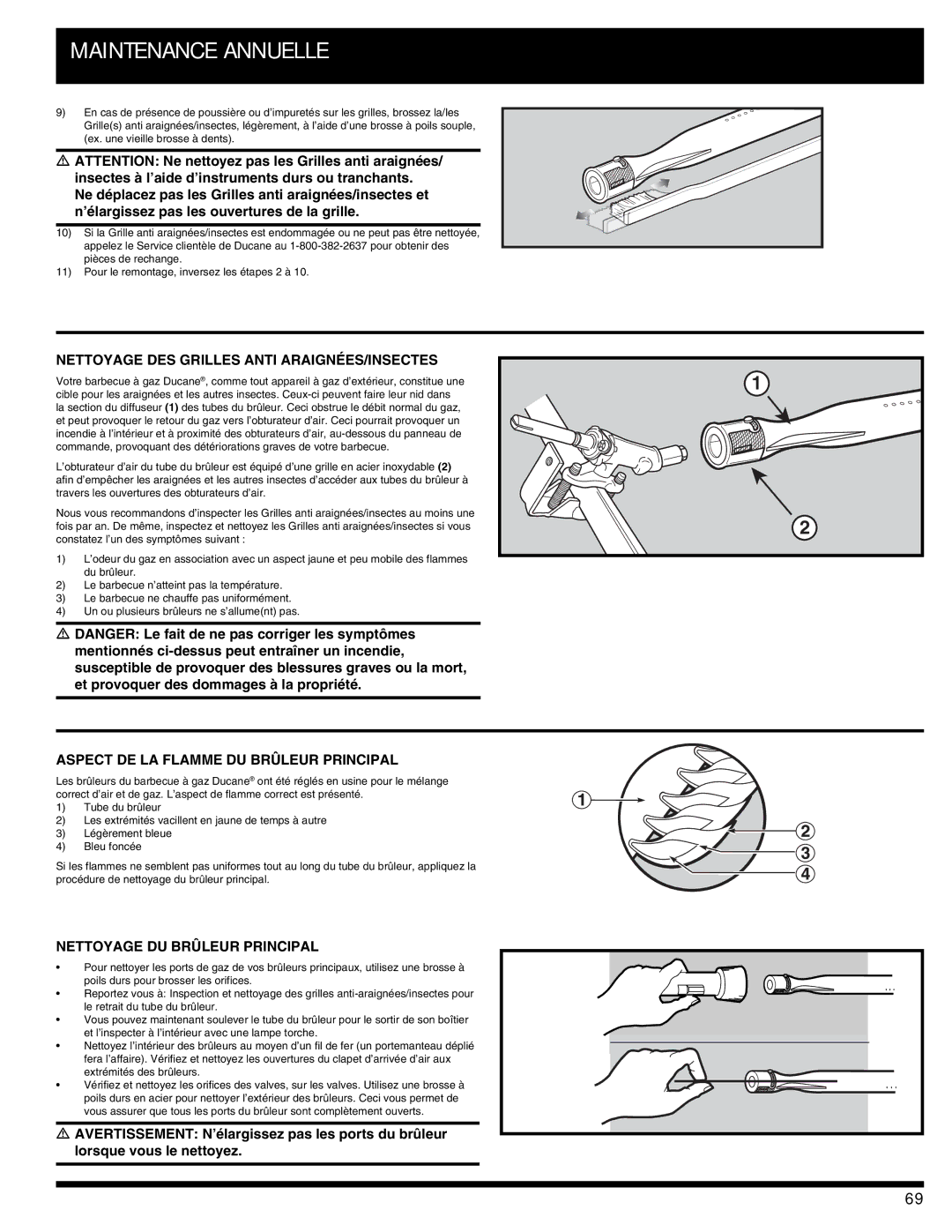 Ducane 3400 owner manual Nettoyage DES Grilles Anti ARAIGNÉES/INSECTES, Aspect DE LA Flamme DU Brûleur Principal 