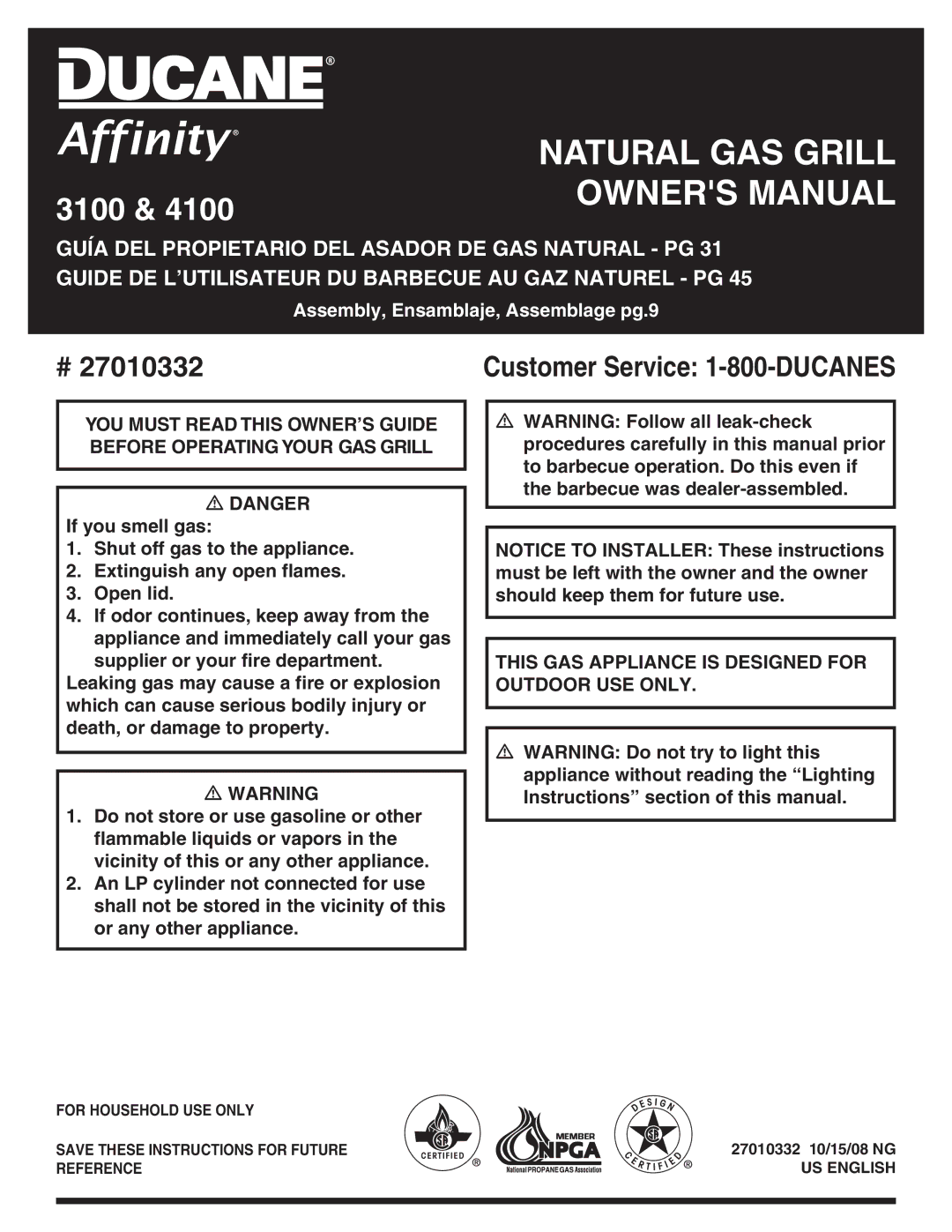 Ducane 3100, 4100 owner manual Natural Gas Grill 