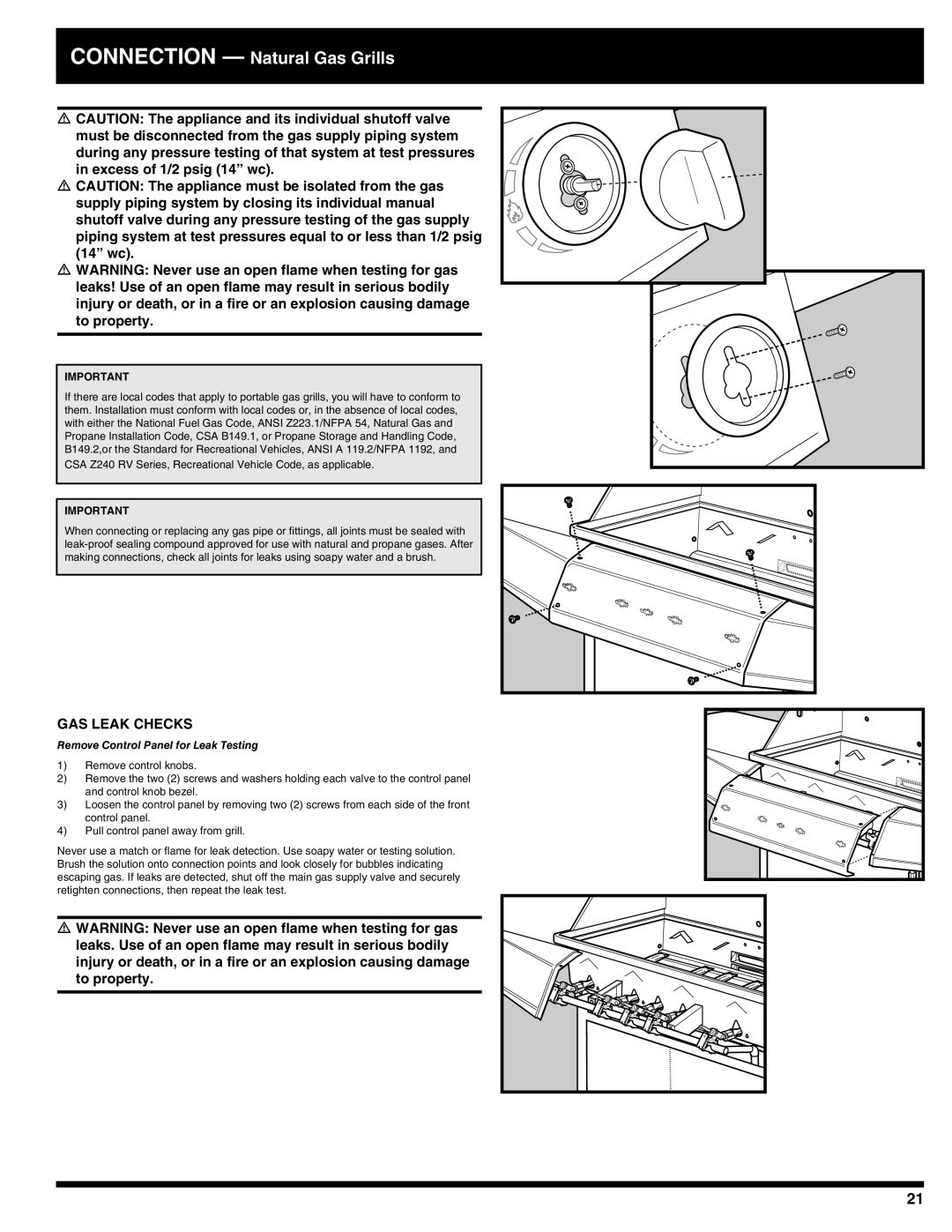 Ducane 3100, 4100 owner manual Gas Leak Checks, Remove Control Panel for Leak Testing 