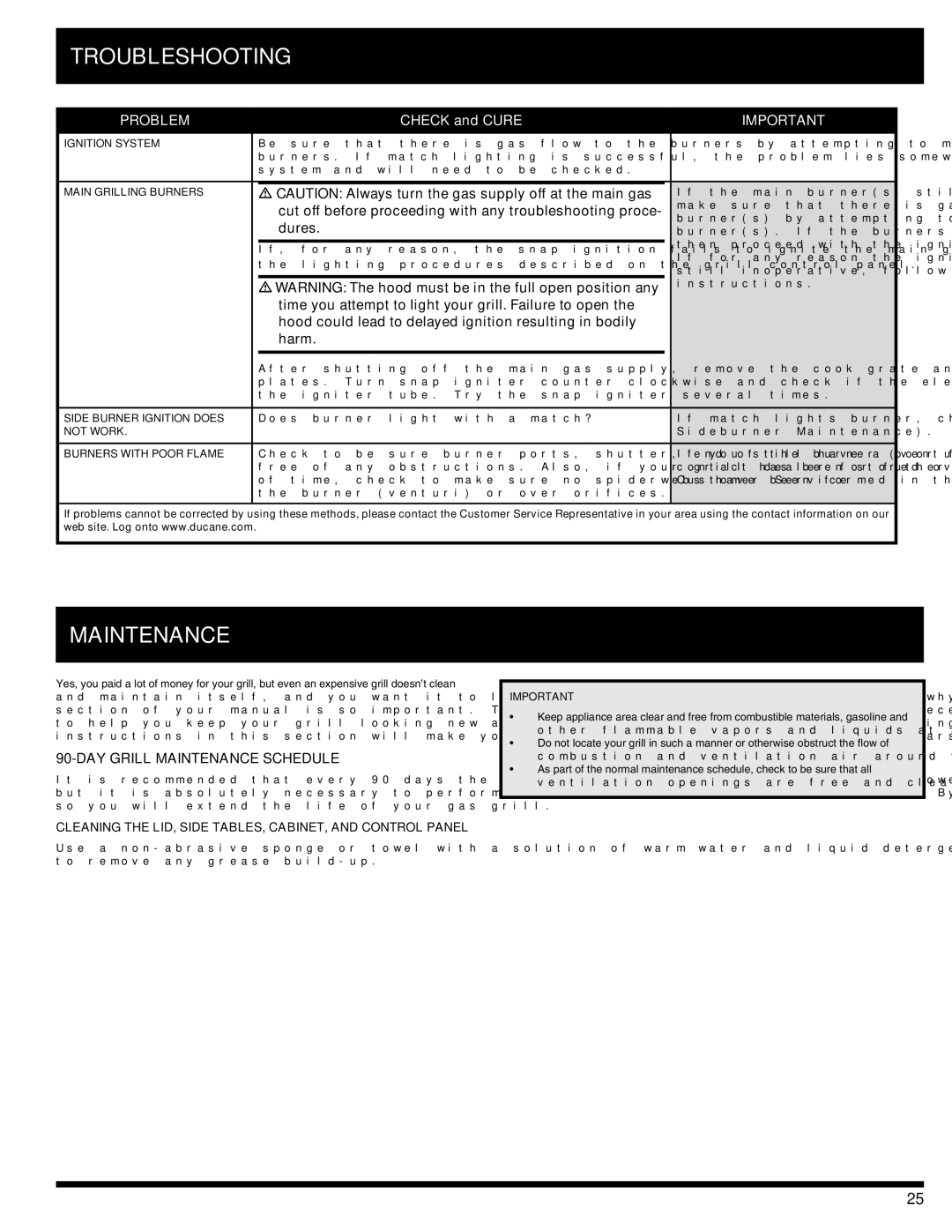 Ducane 3100, 4100 owner manual Troubleshooting, Maintenance, Cut off before proceeding with any troubleshooting proce, Dures 