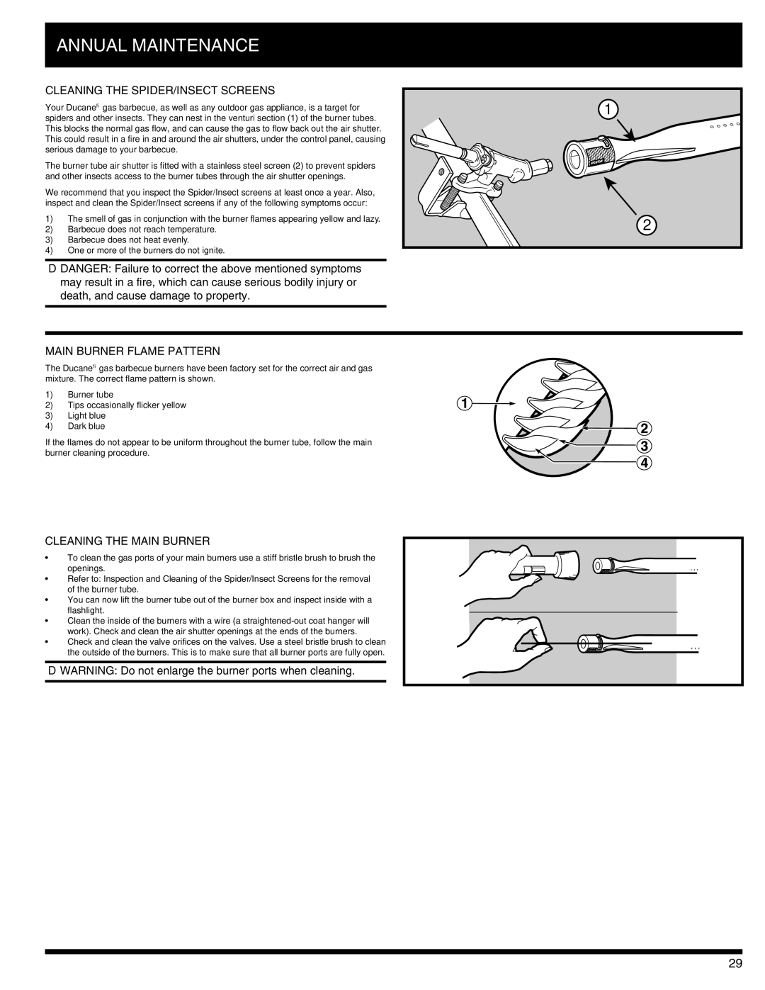 Ducane 3100, 4100 owner manual Cleaning the Spider/Insect Screens, Main Burner Flame Pattern, Cleaning the Main Burner 