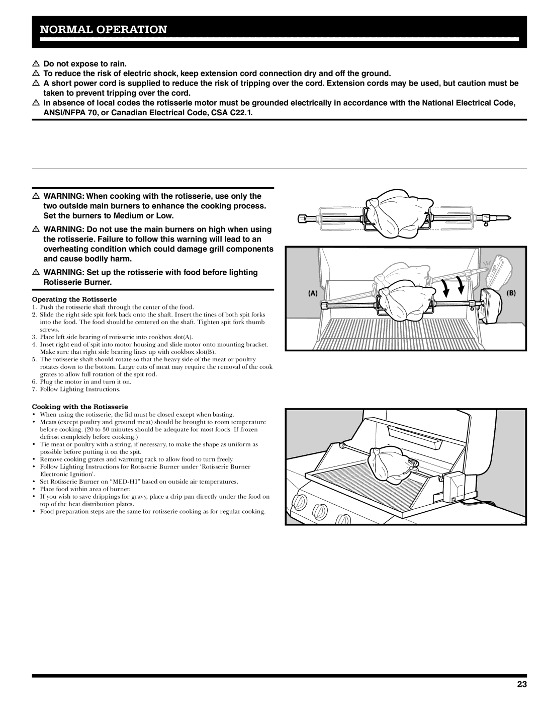 Ducane 4400 owner manual Operating the Rotisserie, Cooking with the Rotisserie 