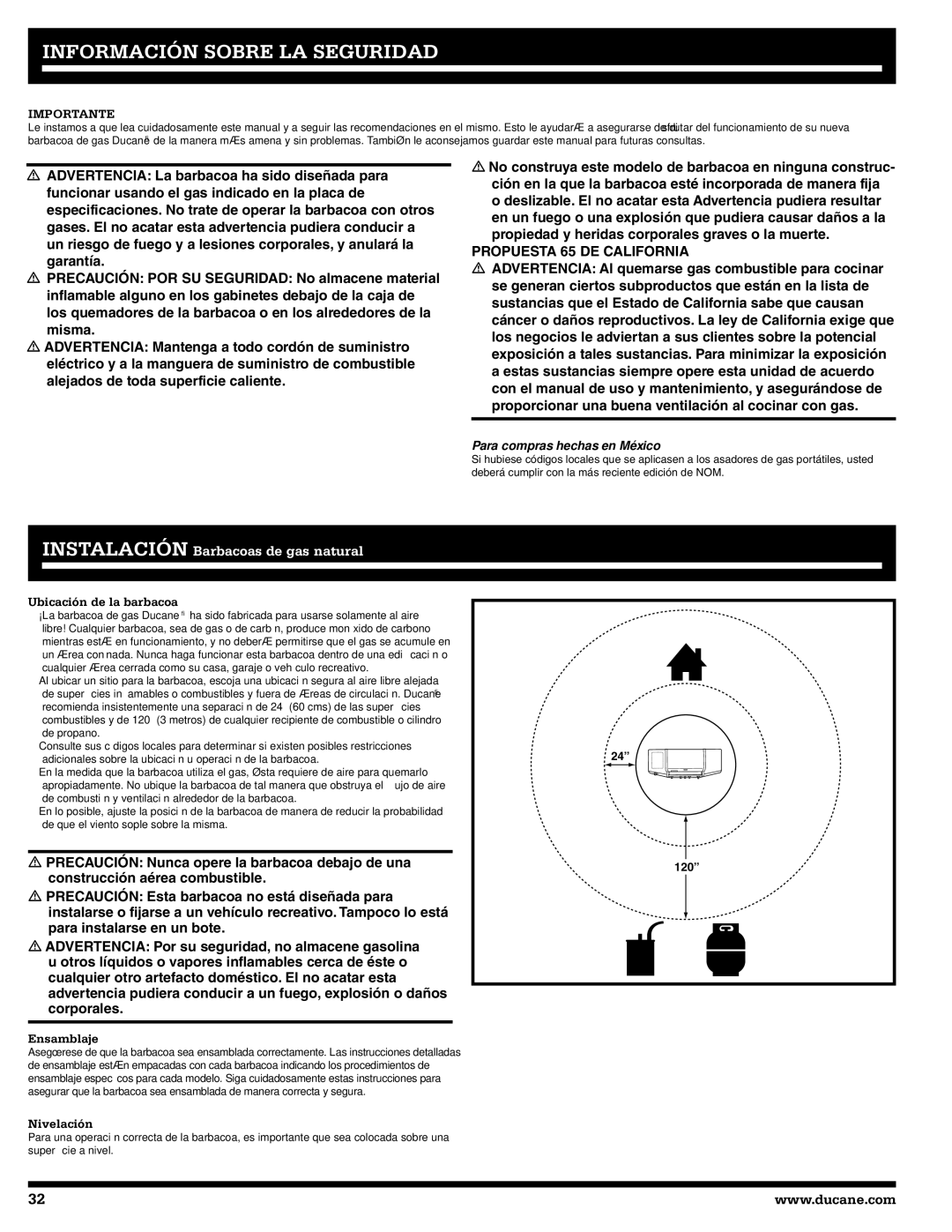 Ducane 4400 Información Sobre LA Seguridad, Propuesta 65 DE California, Ubicación de la barbacoa, Ensamblaje, Nivelación 