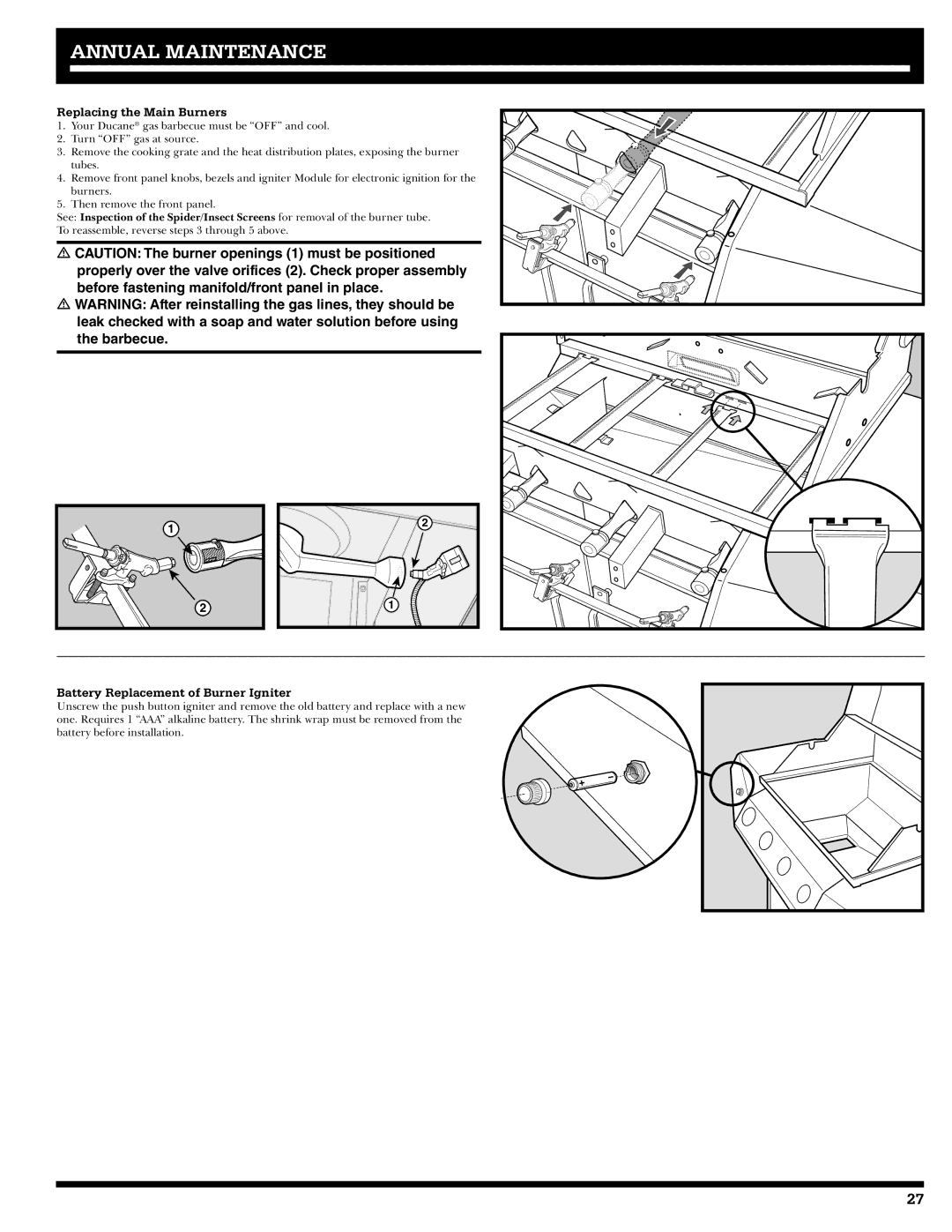 Ducane 41-4200, 31-3200, Affinity Natural Gas Grill Replacing the Main Burners, Battery Replacement of Burner Igniter 