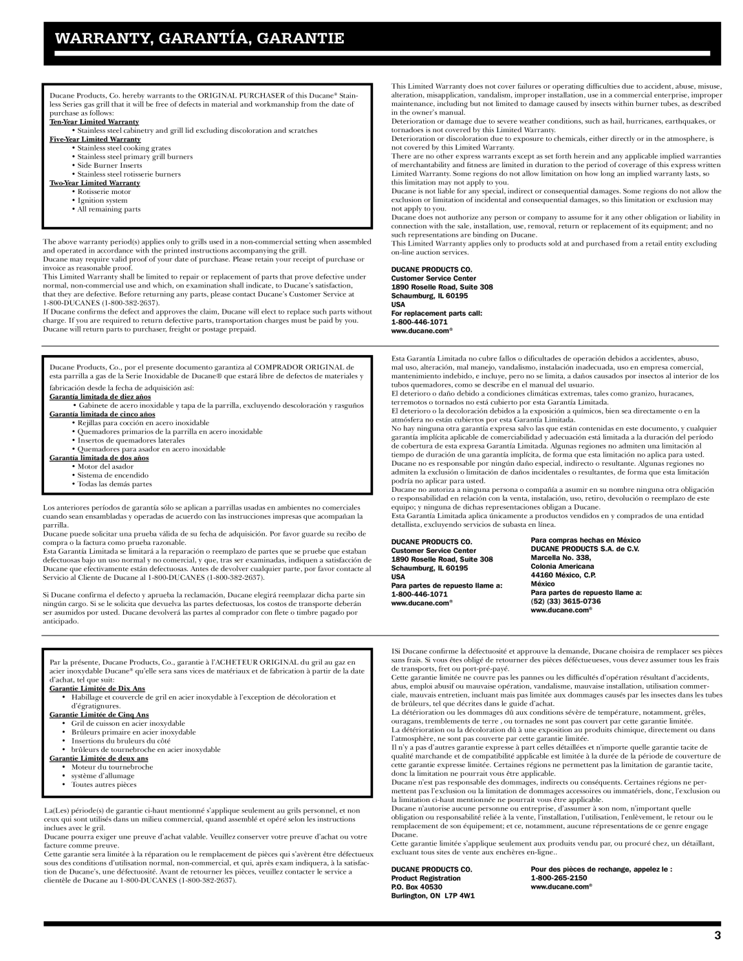 Ducane 41-4200, 31-3200, Affinity Natural Gas Grill owner manual WARRANTY, GARANTÍA, Garantie, Five-Year Limited Warranty 