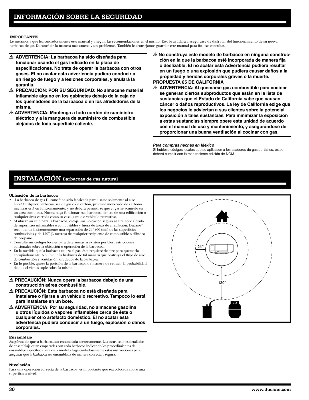 Ducane 41-4200, 31-3200 owner manual Información Sobre LA Seguridad, Ubicación de la barbacoa, Ensamblaje, Nivelación 