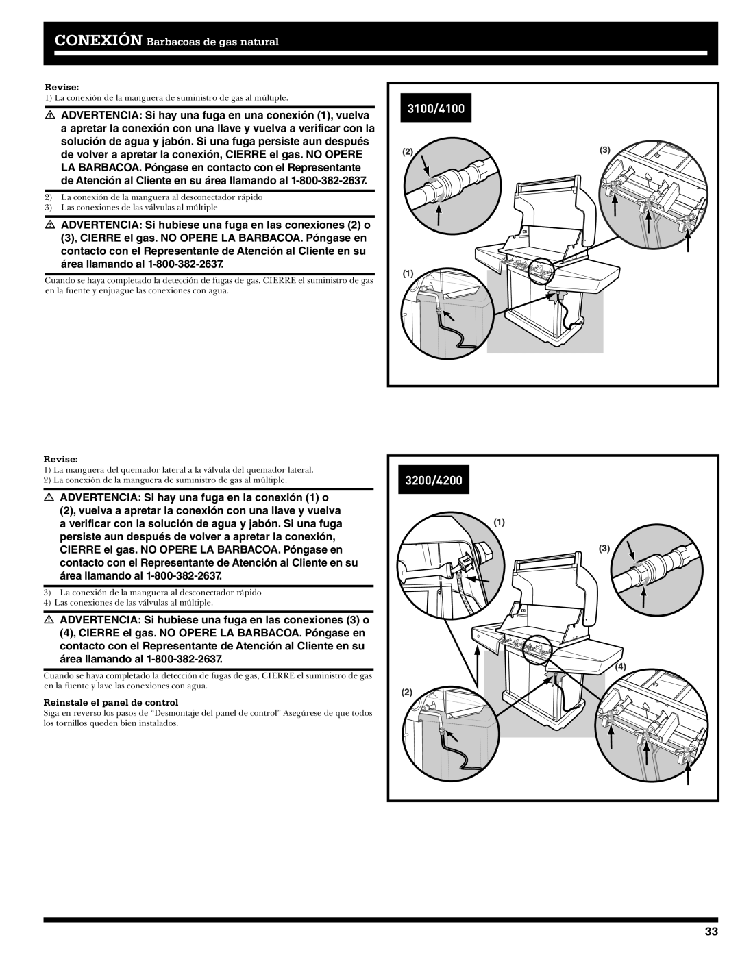 Ducane 41-4200, 31-3200, Affinity Natural Gas Grill owner manual Revise, Reinstale el panel de control 