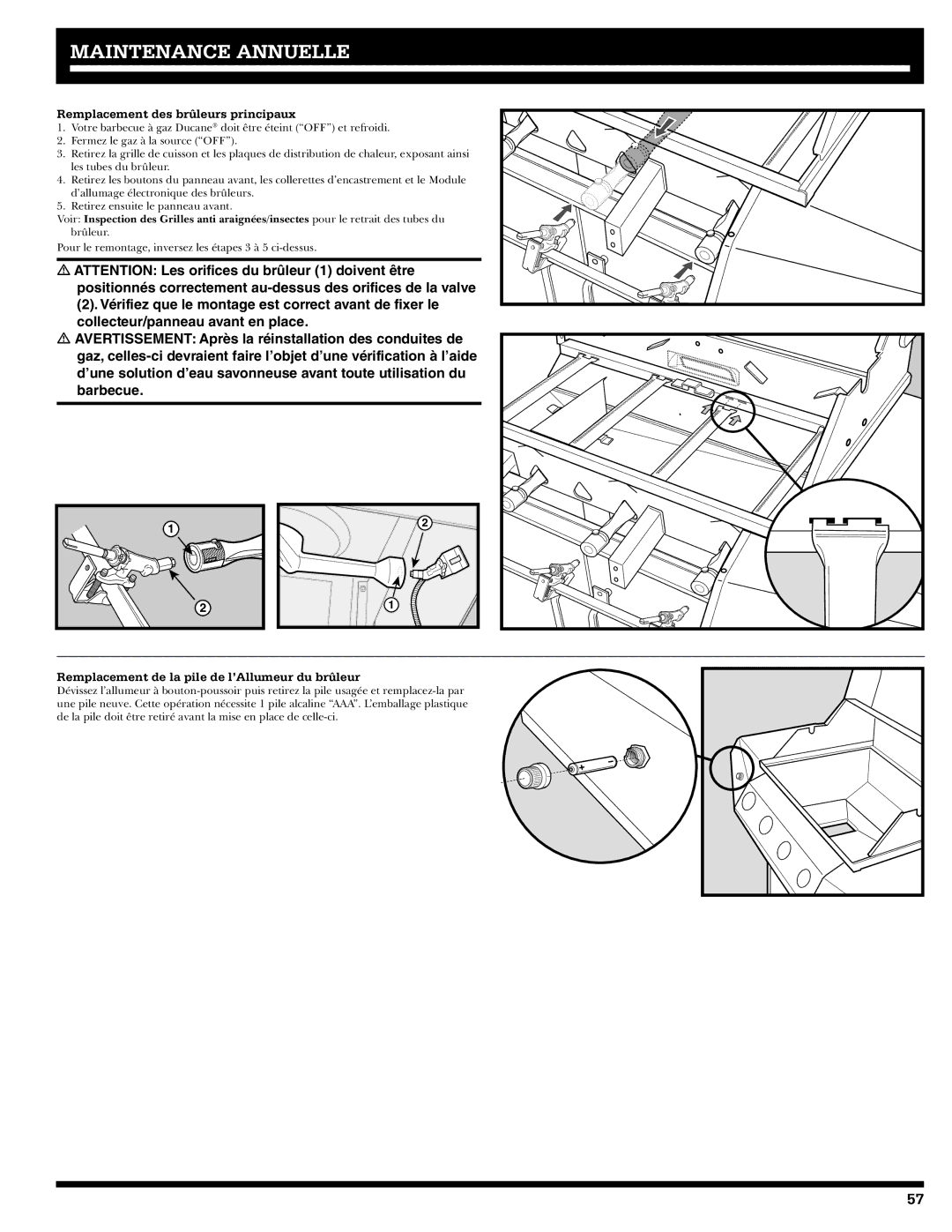 Ducane 41-4200, 31-3200 owner manual Remplacement des brûleurs principaux, Remplacement de la pile de l’Allumeur du brûleur 