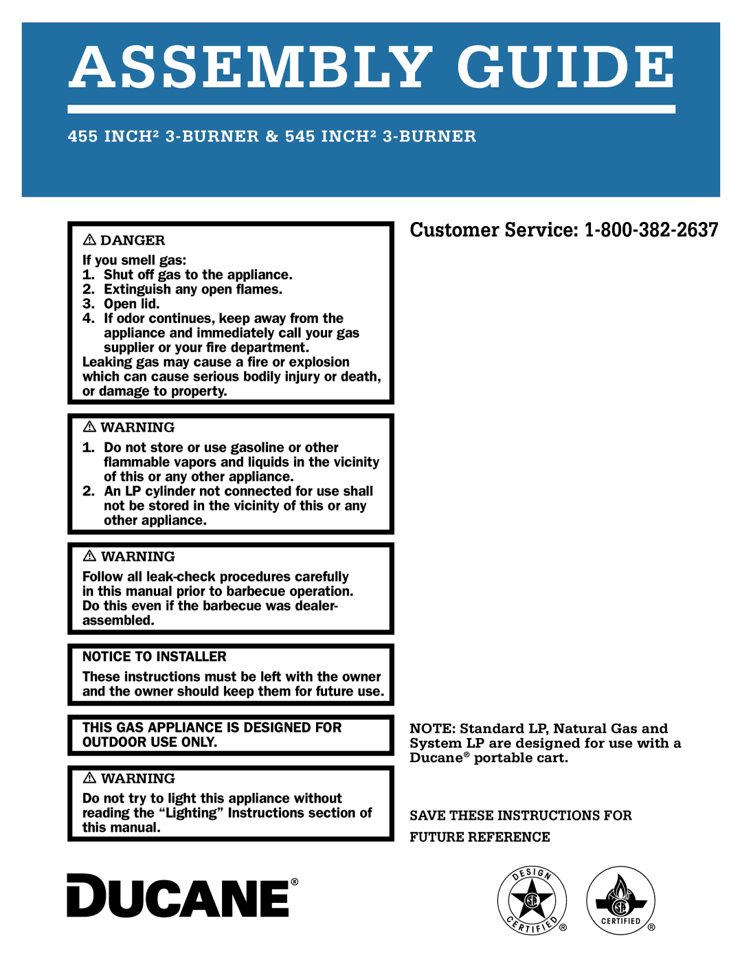 Ducane 455 square inch, Ducane 3 Burner, 545 square inch manual Assembly Guide 