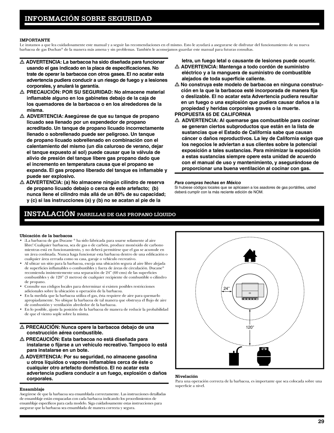 Ducane 5400, Ducane LP Gas Grill, 3400 Información Sobre Seguridad, Ubicación de la barbacoa, Ensamblaje, Nivelación 