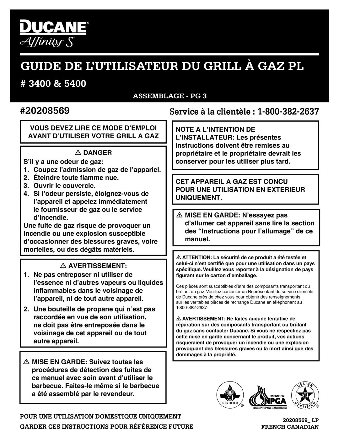 Ducane Ducane LP Gas Grill, 5400, 3400, 20208569 owner manual Guide DE L’UTILISATEUR DU Grill À GAZ PL, Assemblage PG 