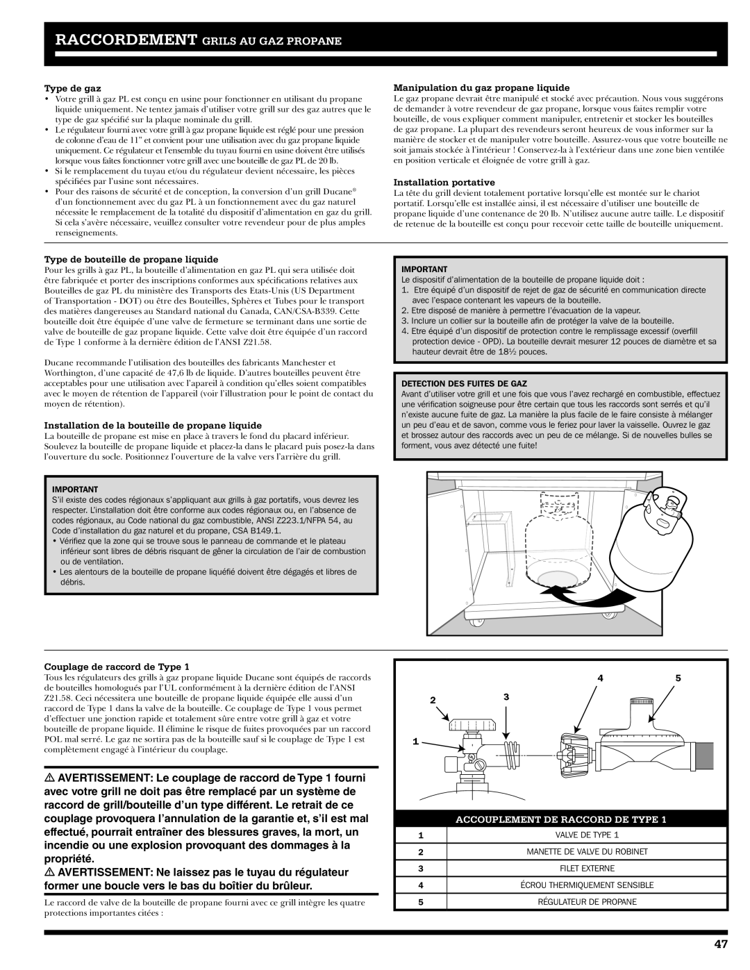 Ducane 20208569 Type de gaz, Manipulation du gaz propane liquide, Installation portative, Couplage de raccord de Type 