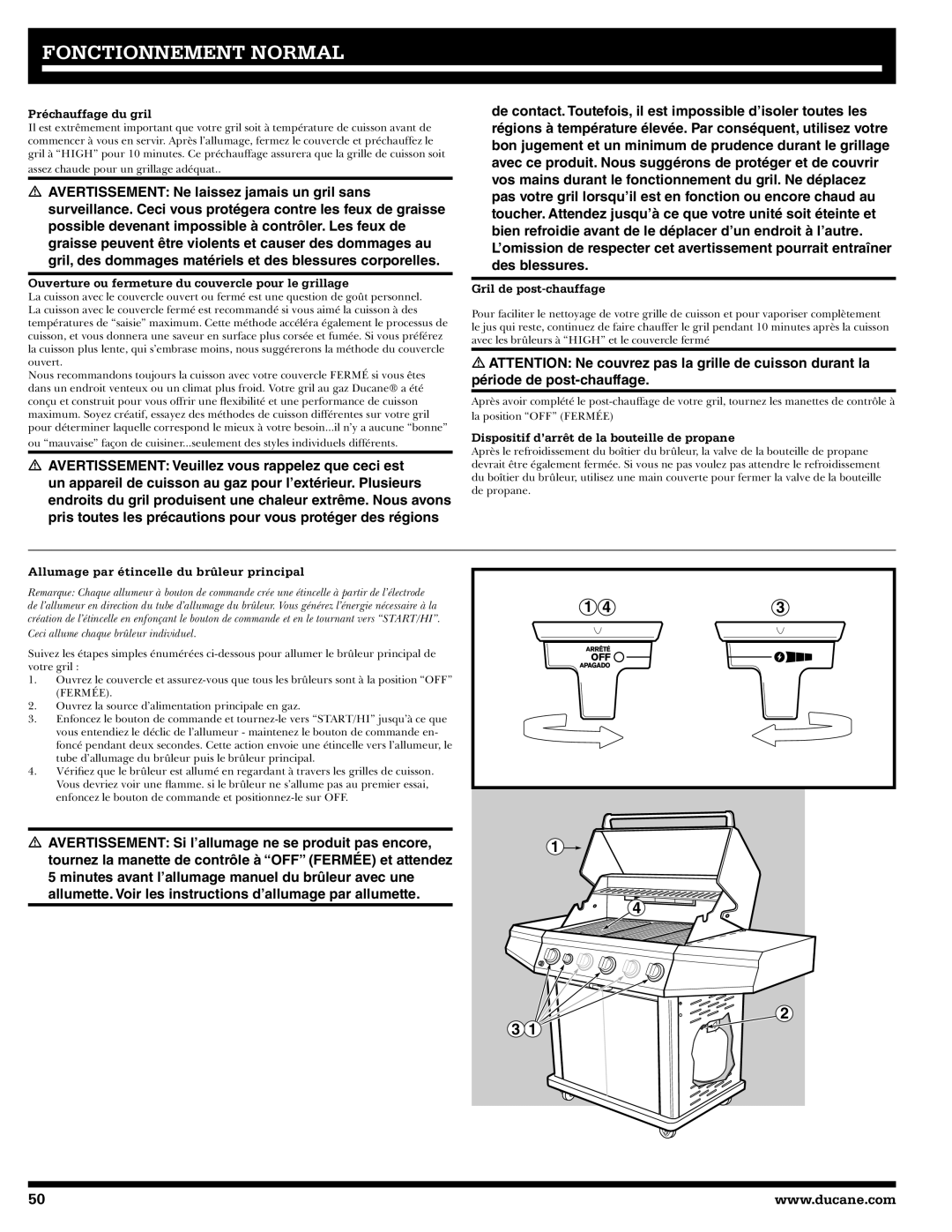 Ducane 3400, 5400 Préchauffage du gril, Ouverture ou fermeture du couvercle pour le grillage, Gril de post-chauffage 