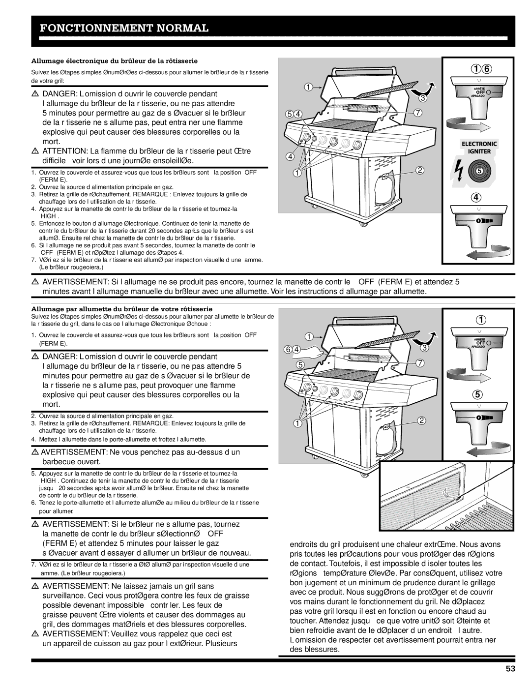 Ducane 5400, 3400 Allumage électronique du brûleur de la rôtisserie, Allumage par allumette du brûleur de votre rôtisserie 