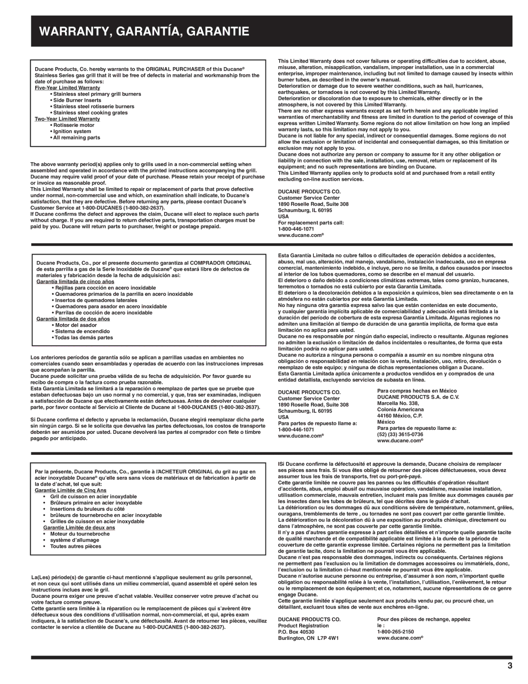 Ducane 27010332, Ducane Natural Grill, 4100, 3100 owner manual Warranty, Garantía, garantie 