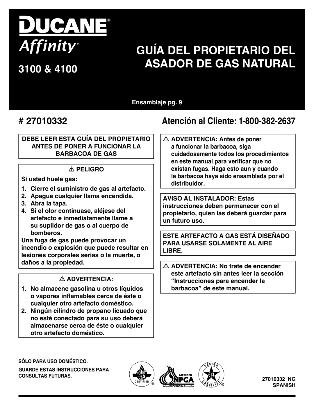 Ducane 27010332, Ducane Natural Grill, 4100, 3100 owner manual Guía del propietario del 