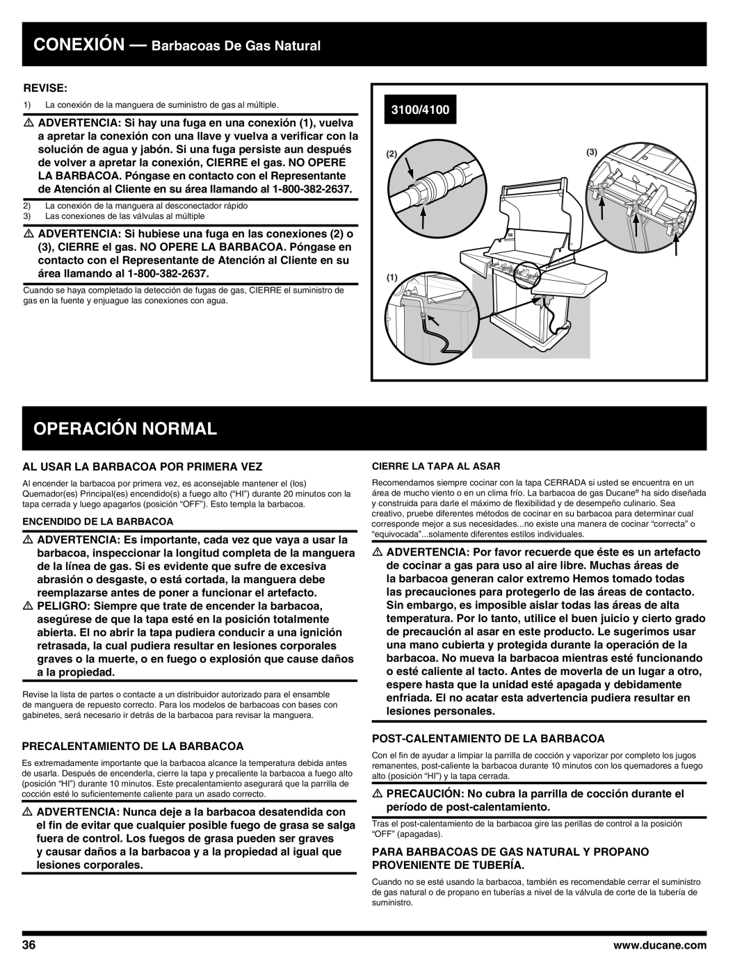 Ducane Ducane Natural Grill Operación Normal, Revise, Al usar la barbacoa por primera vez, Precalentamiento de la barbacoa 