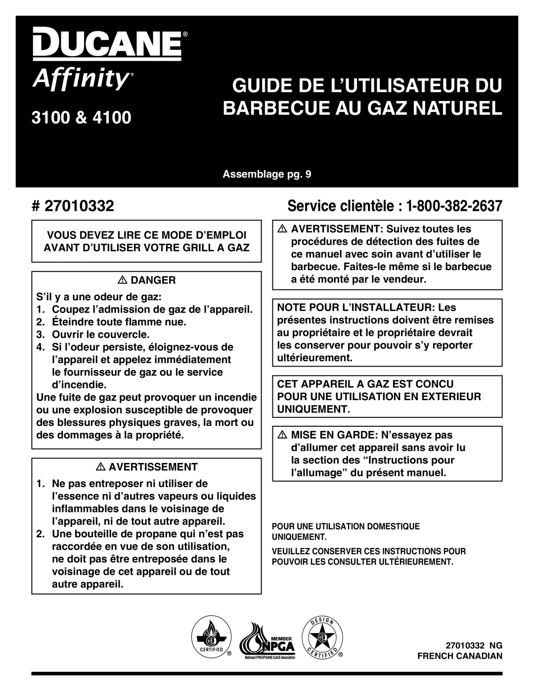 Ducane 4100, Ducane Natural Grill, 3100, 27010332 owner manual Guide de l’utilisateur du 