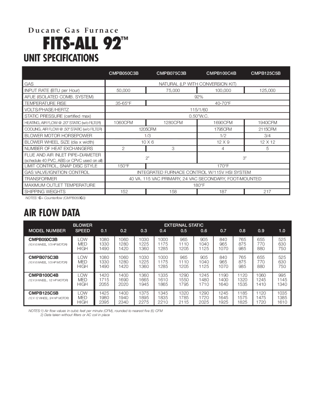 Ducane Fits-All 92 warranty Unit Specifications, AIR Flow Data, CMPB050C3B CMPB075C3B CMPB100C4B CMPB125C5B 