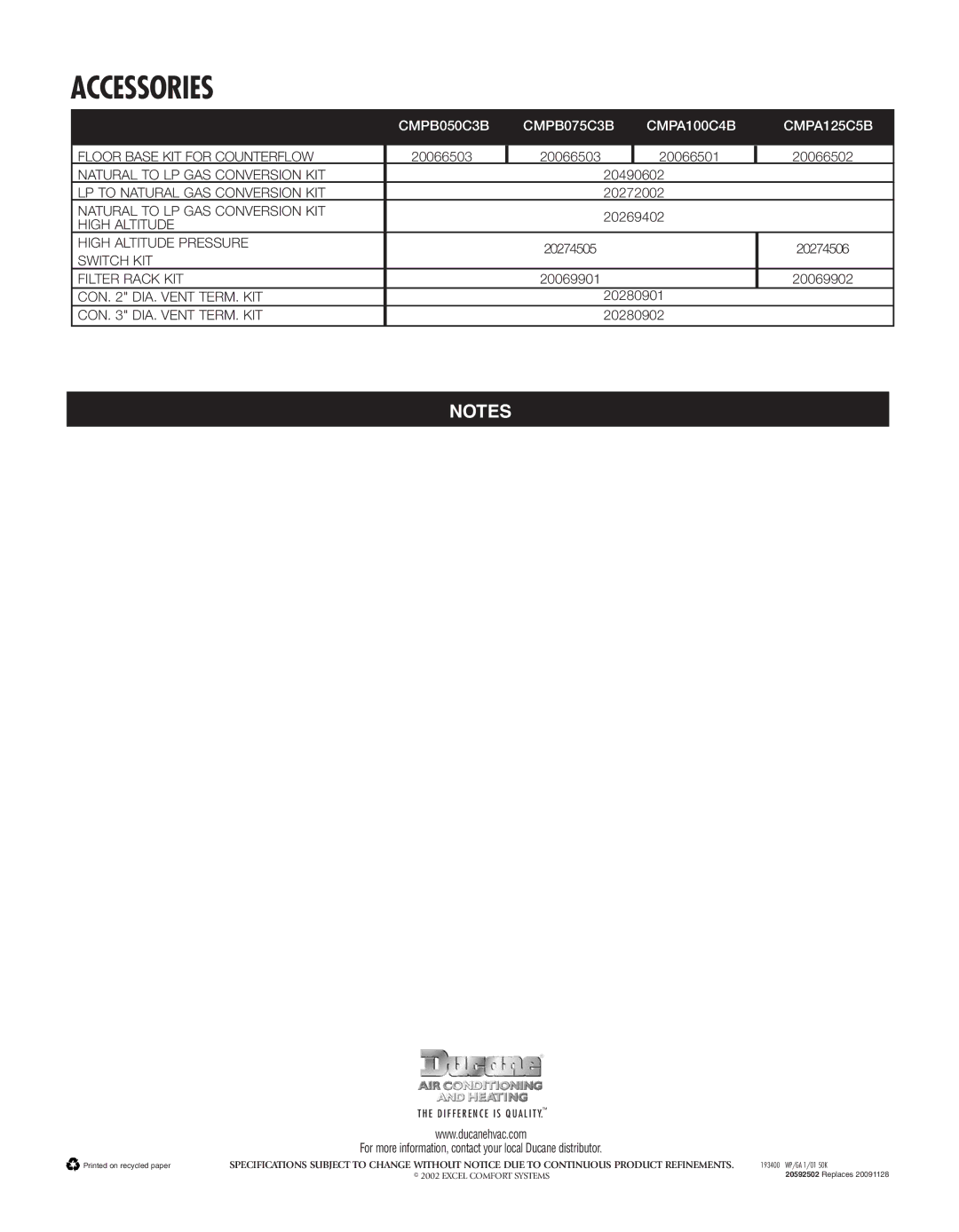 Ducane Fits-All 92 warranty Accessories, CMPB050C3B CMPB075C3B CMPA100C4B CMPA125C5B 