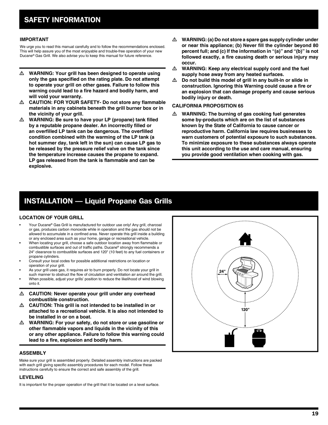 Ducane Safety Information, Installation Liquid Propane Gas Grills, Location of Your Grill, Assembly, Leveling 