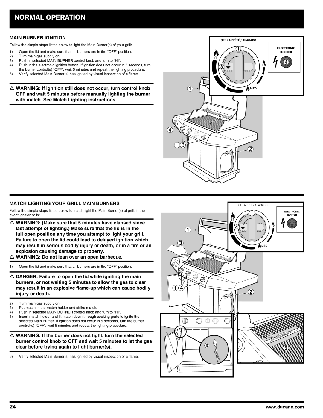 Ducane Gas Grill owner manual Main Burner Ignition, Match Lighting Your Grill Main Burners 