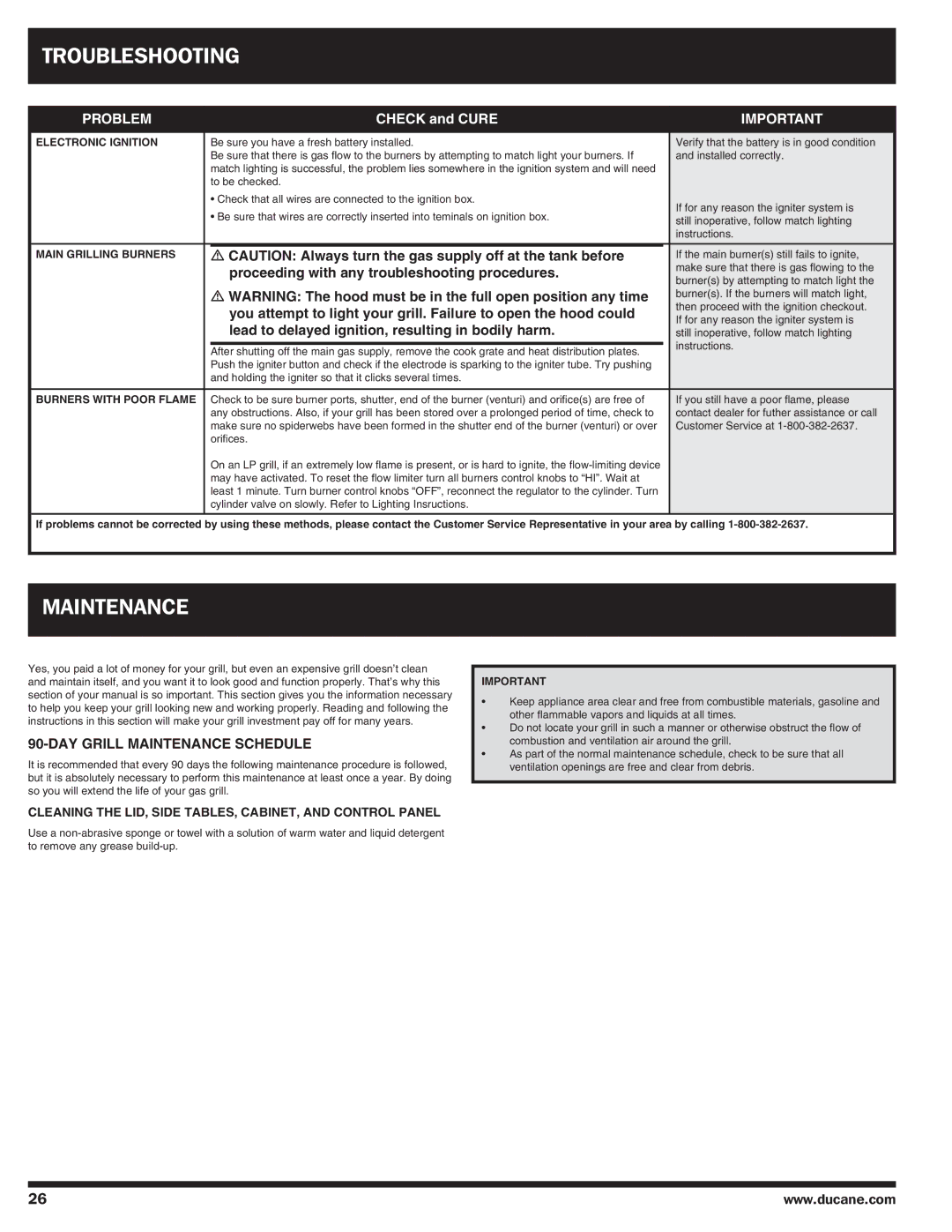 Ducane Gas Grill owner manual Troubleshooting, Maintenance, Proceeding with any troubleshooting procedures 