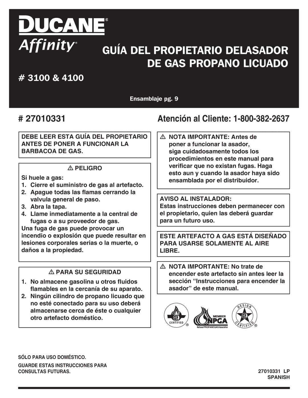 Ducane Gas Grill owner manual Guía del propietario delasador de gas propano licuado 