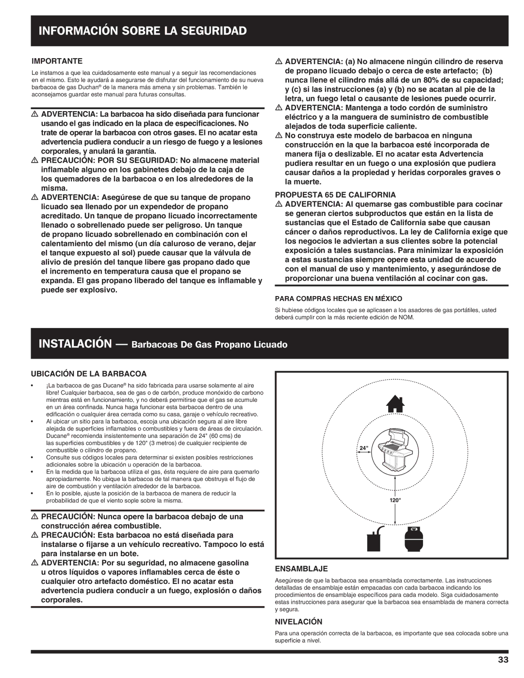 Ducane Gas Grill owner manual Información sobre la seguridad, Importante, Ubicación de la barbacoa, Nivelación 