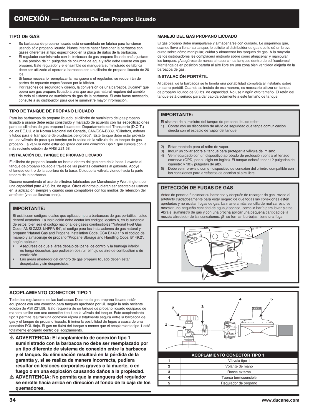 Ducane Gas Grill Tipo de gas, Acoplamiento conector tipo, Garantía y, si se realiza de manera incorrecta, pudiera 
