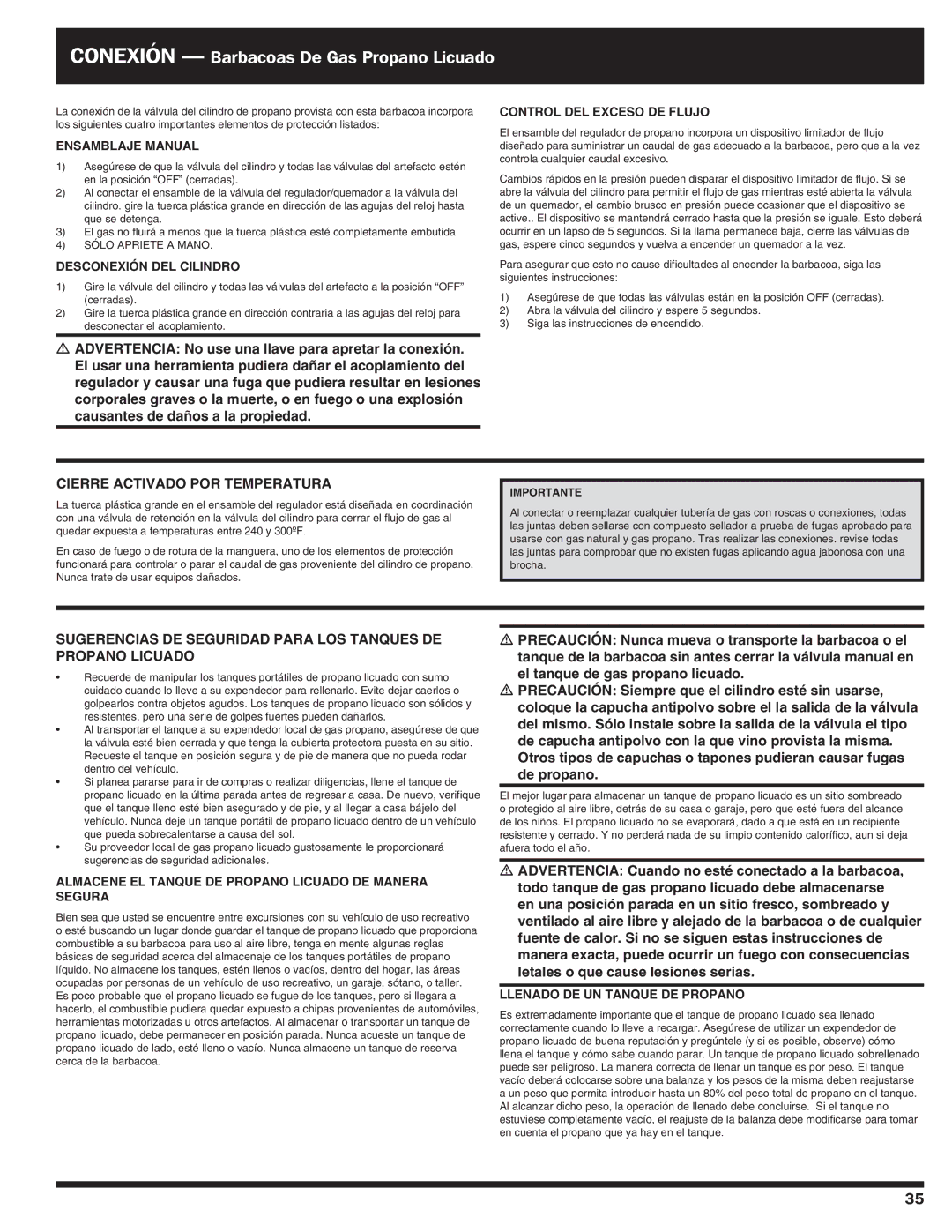 Ducane Gas Grill Ensamblaje manual, Desconexión del cilindro, Control del exceso de flujo, Llenado de un tanque de propano 