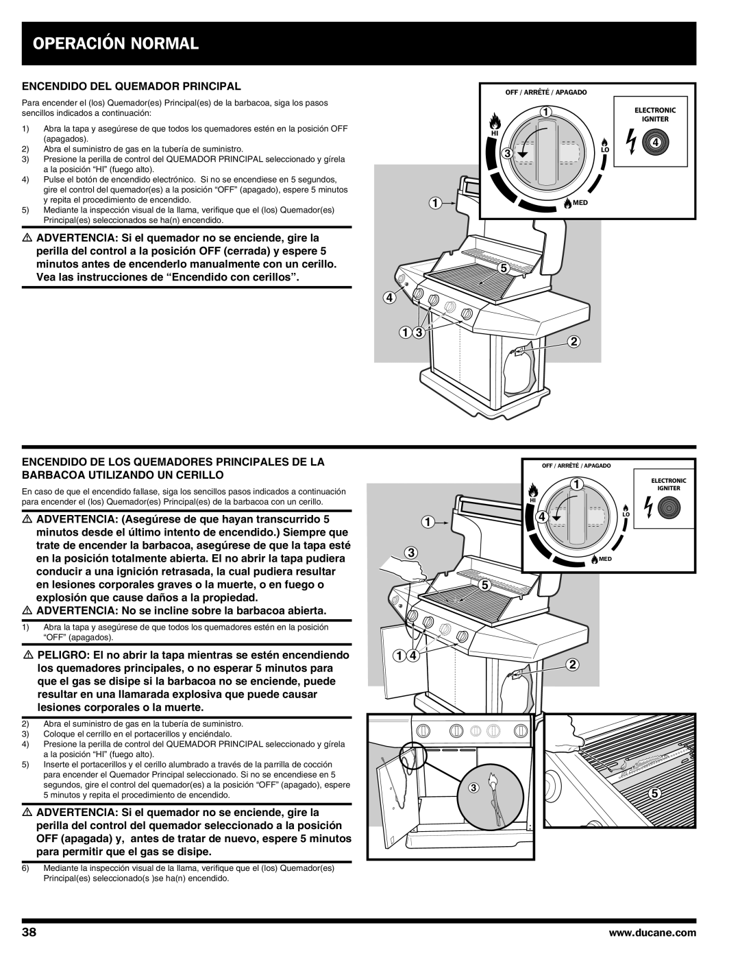 Ducane Gas Grill owner manual Encendido del quemador principal 