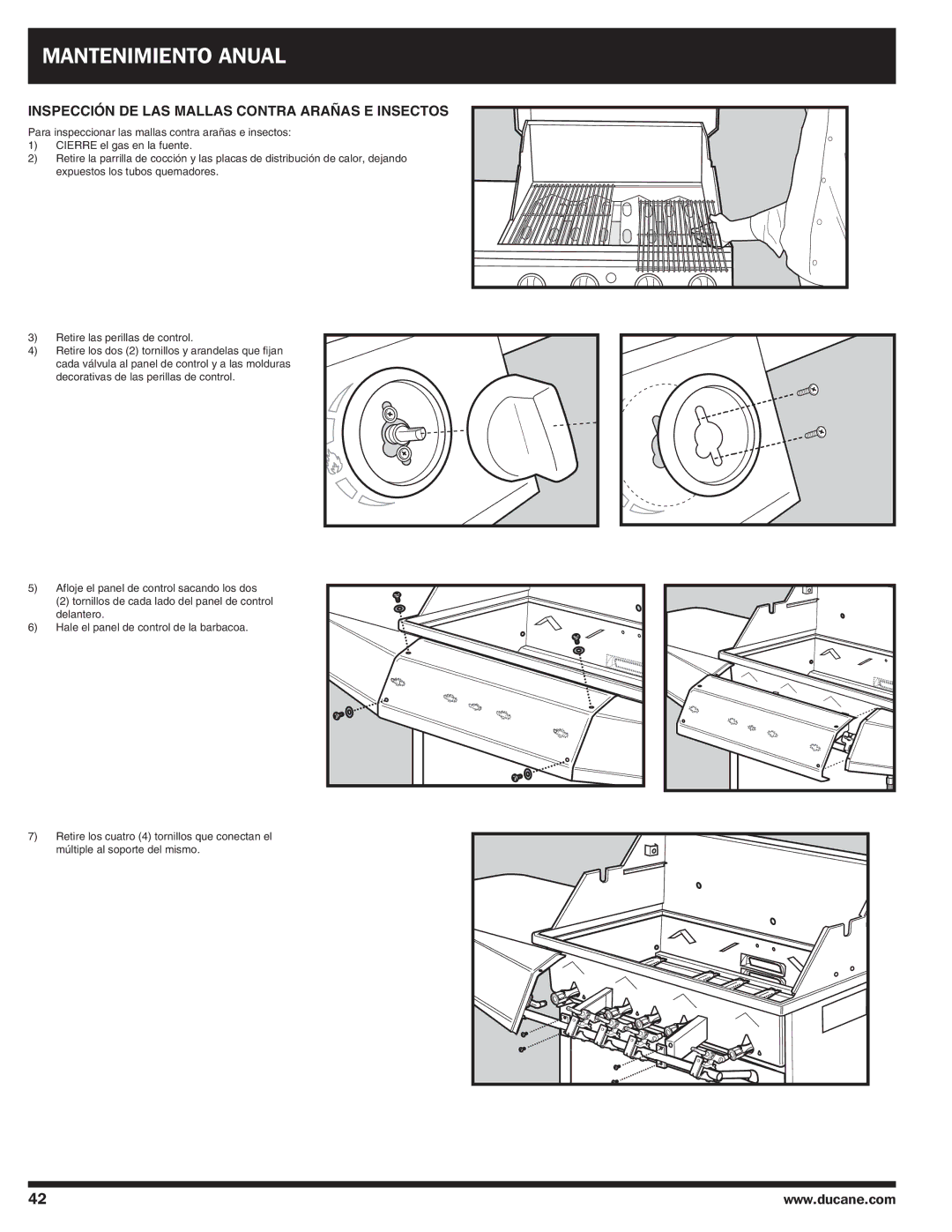 Ducane Gas Grill owner manual Mantenimiento Anual, Inspección de las mallas contra arañas e insectos 