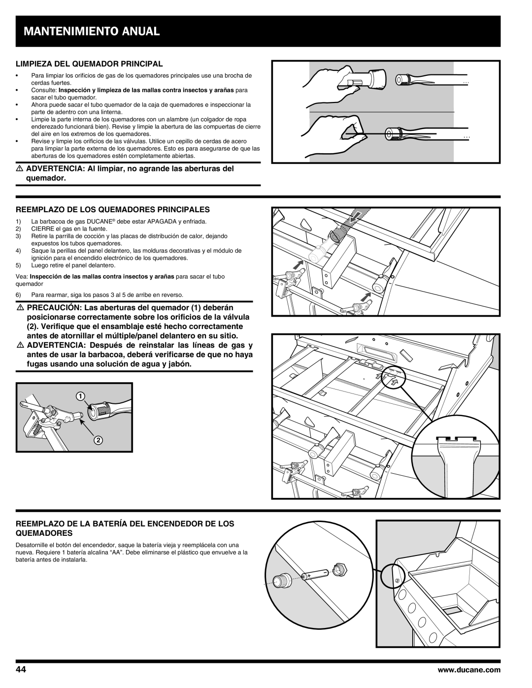 Ducane Gas Grill owner manual Limpieza del quemador principal 