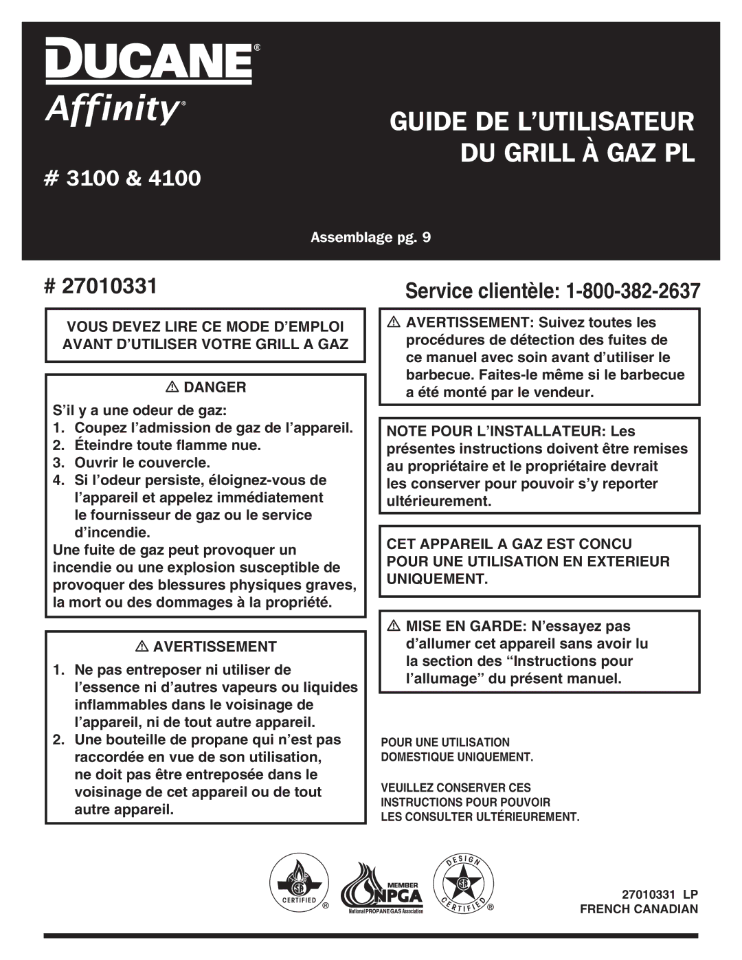 Ducane Gas Grill owner manual Guide de l’utilisateur du Grill à gaz PL 