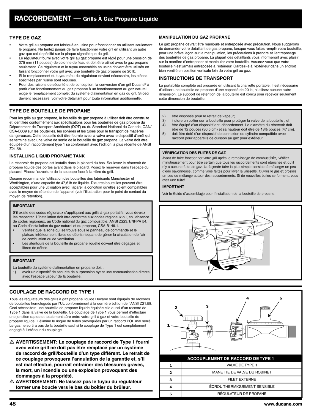 Ducane Gas Grill Type de gaz, Instructions de transport, Type de bouteille de propane, Couplage de raccord de Type 