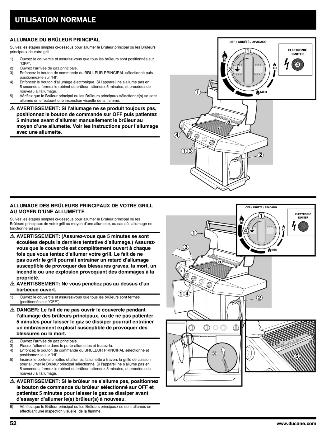 Ducane Gas Grill owner manual Allumage du brûleur principal,  Avertissement Assurez-vous que 5 minutes se sont 