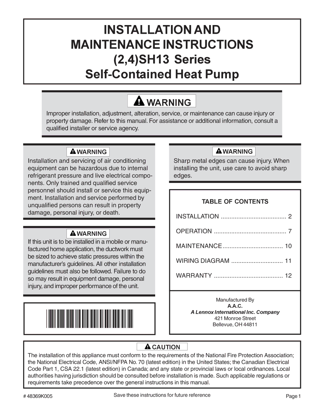 Ducane (HVAC) (2/4)SH13 warranty Installation Maintenance Instructions, Table of Contents 