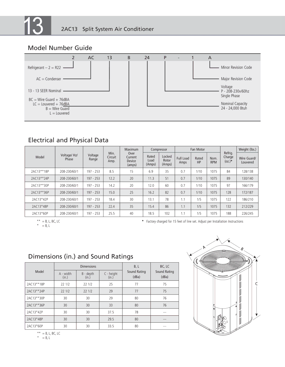 Ducane (HVAC) 2AC13 warranty Model Number Guide, Electrical and Physical Data, Dimensions in. and Sound Ratings, Bc, Lc 