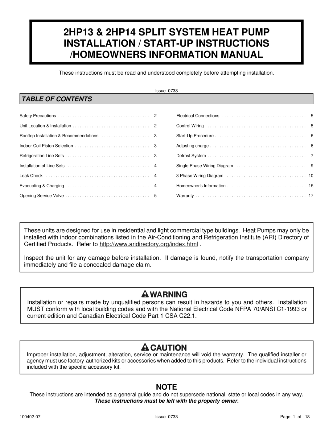 Ducane (HVAC) 2HP13 warranty Table of Contents 